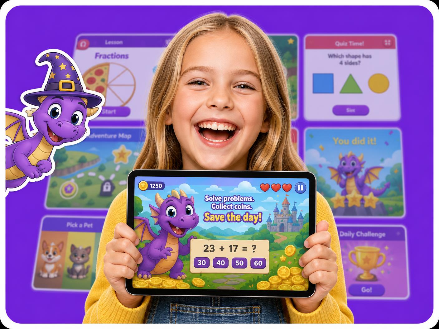 Glad pige holder en tablet med Skillio-spillet, hvor dragen hjælper med matematikopgaver