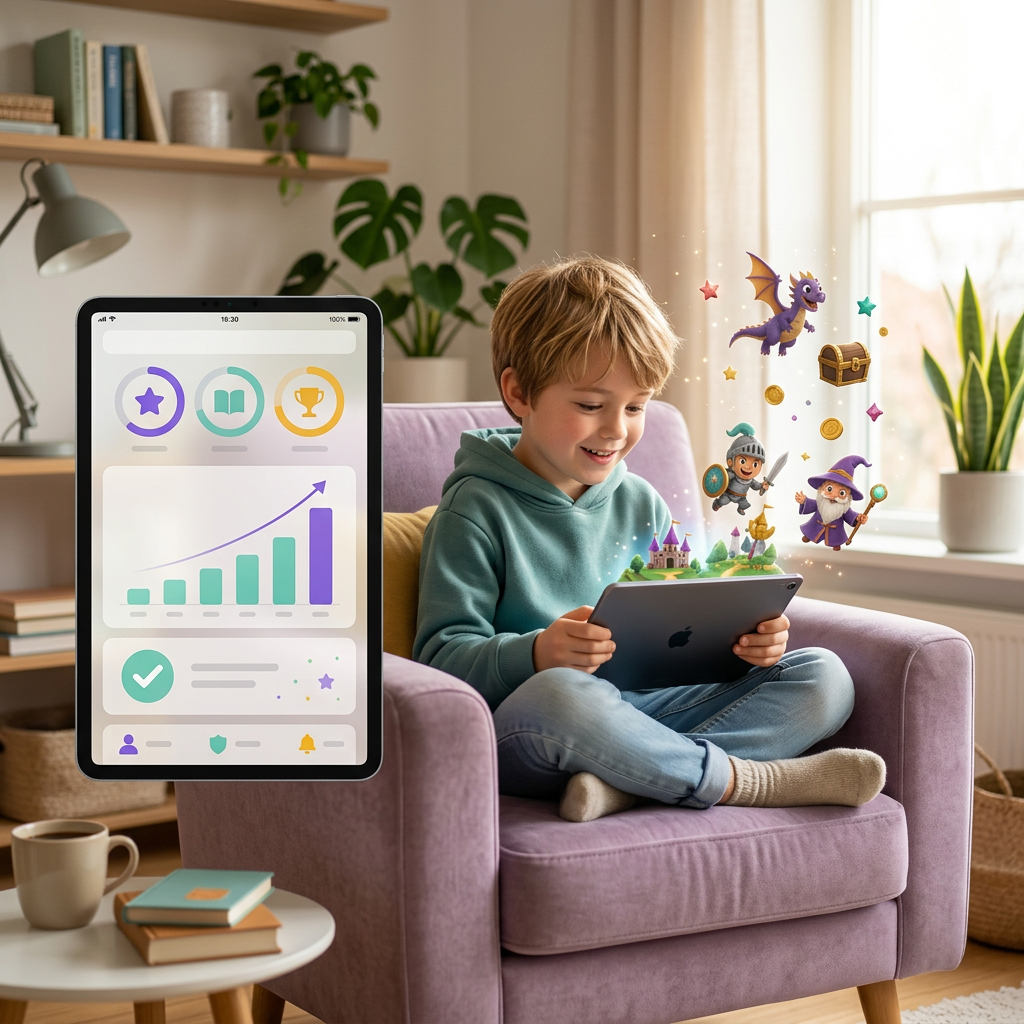 Barnet spiller et eventyr på tablet, mens forældre ser fremgang i dashboard
